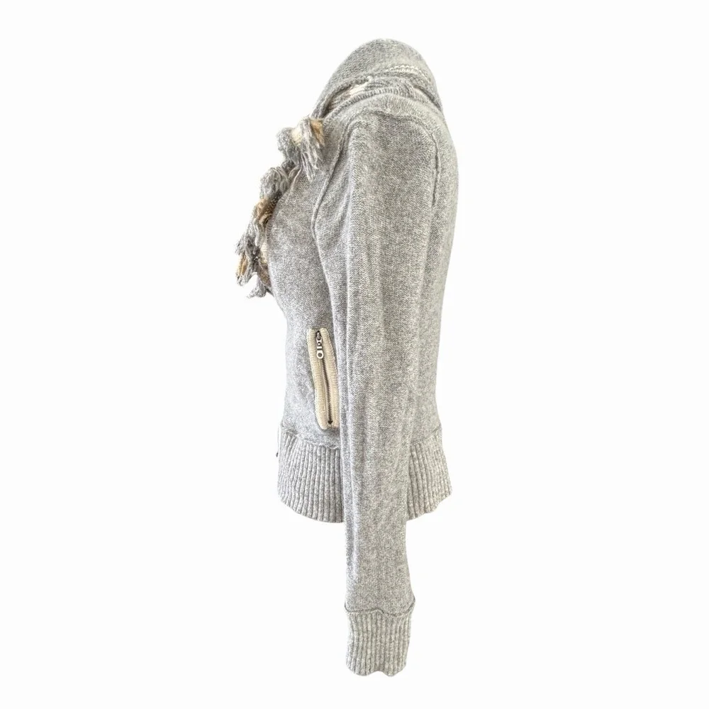 Free People Sweater Small Faux Scarf  Cowl Neck Gray Wool Zip Crop Jacket Knit